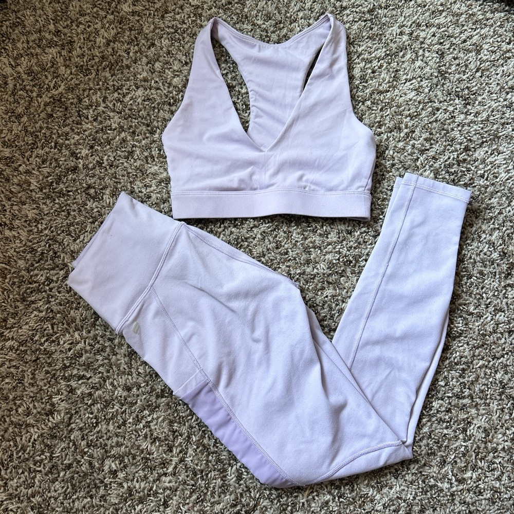 lavender haze v-neck open back sports bra & high waisted leggings 2-piece set